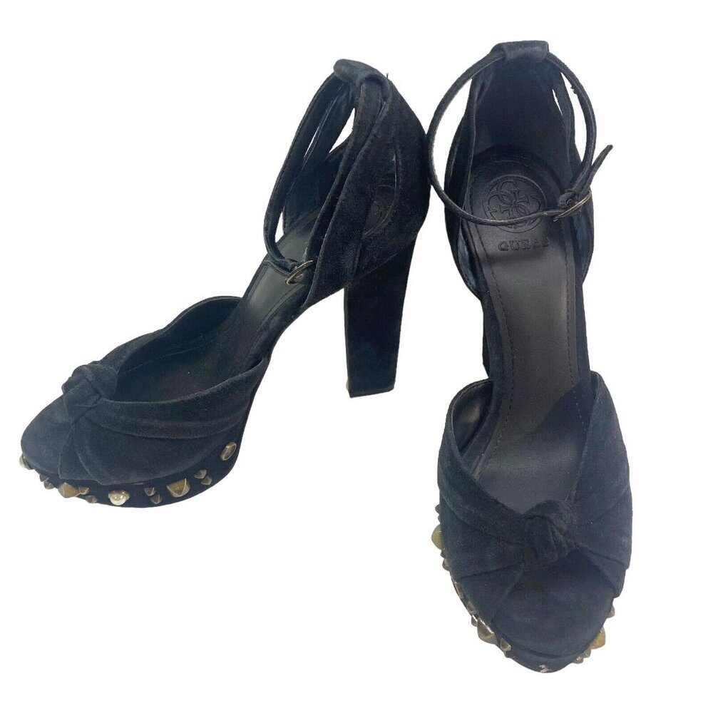 GUESS Women‎ Heels Size 7 Black Kenzie High Block Suede Elegant Buckle Party